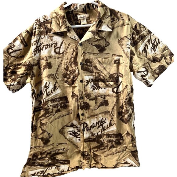 VINTAGE Panama Jack Shirt Mens Medium Hawaiian Button Up TAN BROWN Beach Casual - Picture 1 of 8